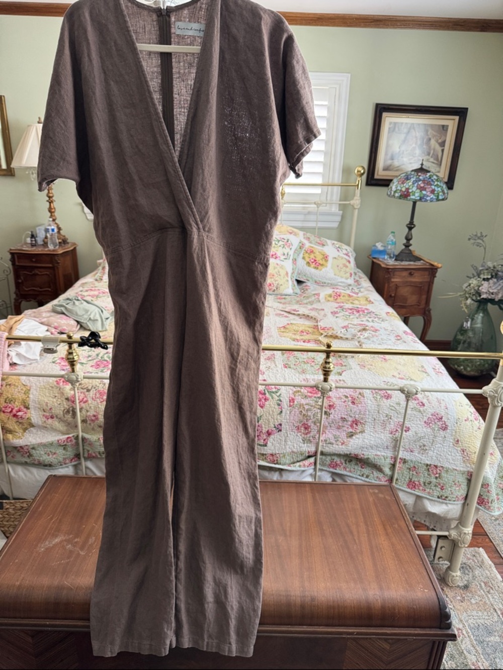 Taupe Linen Jumpsuit - V-Neck Wide Leg